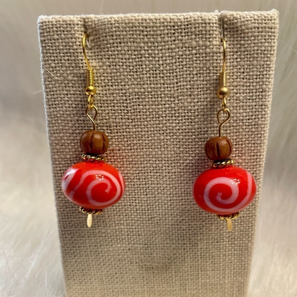 Red and White Ceramic And Wood Beaded Earrings